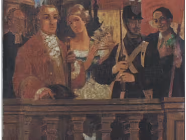 Jano Kohler st.: Skupina obyvatel města Olomouce, v pozadí sloup Nejsvětější Trojice. Olejomalba na dřevěné desce, 210 × 160 cm. 1926. Vlastivědné muzeum v Olomouci, sign. CH 1009.